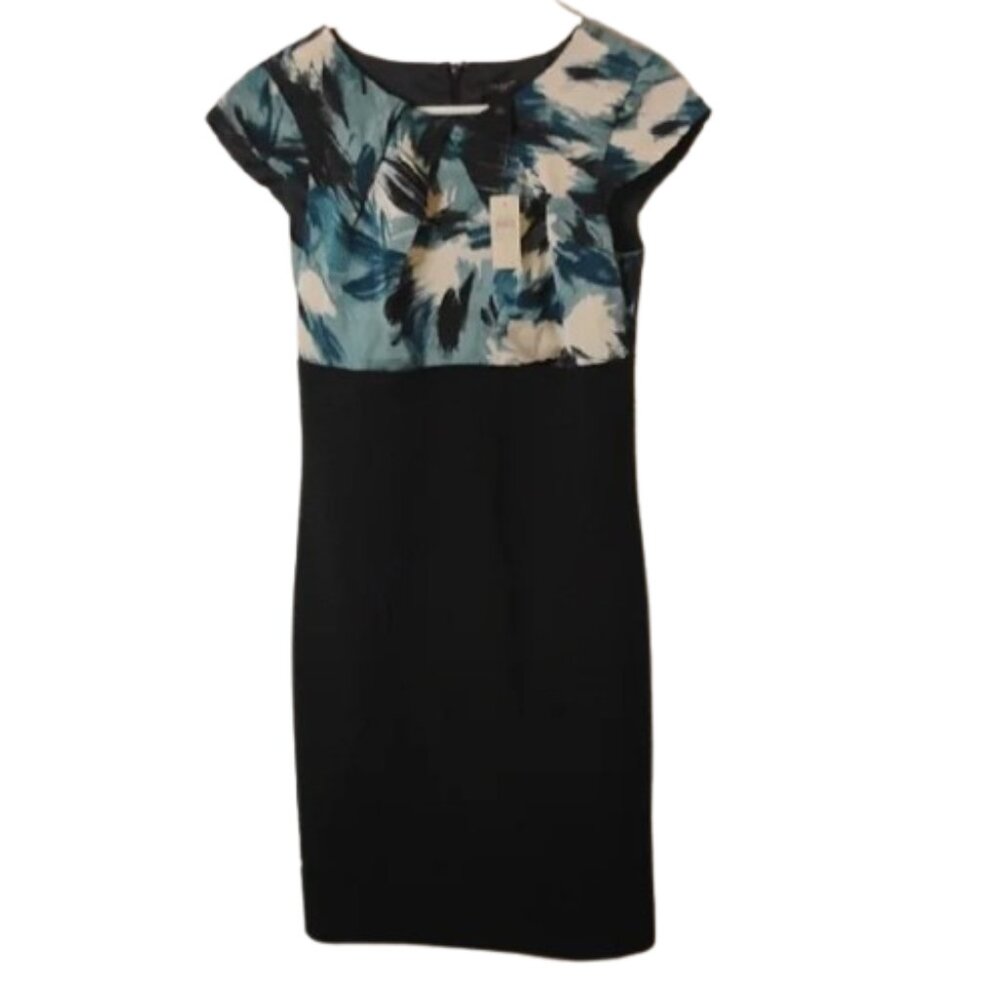 Ann Taylor Black Midi Dress with Blue and White Pattern